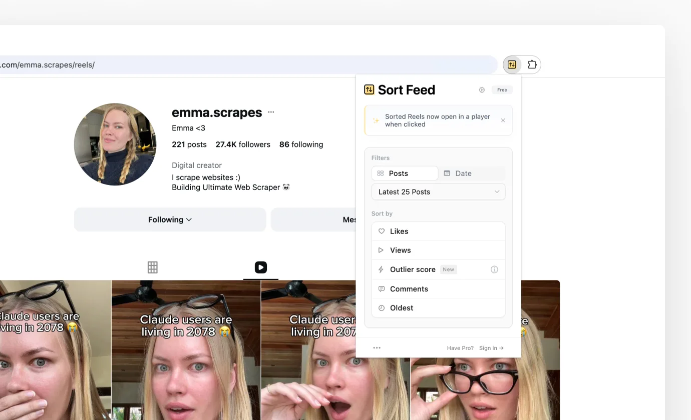The Sort Feed panel open on a profile, showing Filters and Sort by