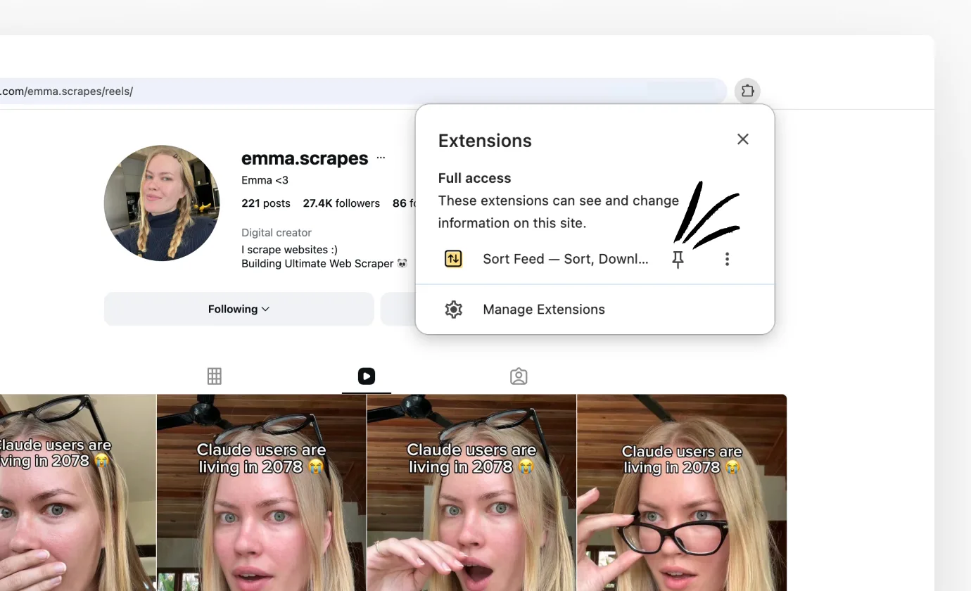 Chrome's Extensions menu open, with the pin next to Sort Feed
