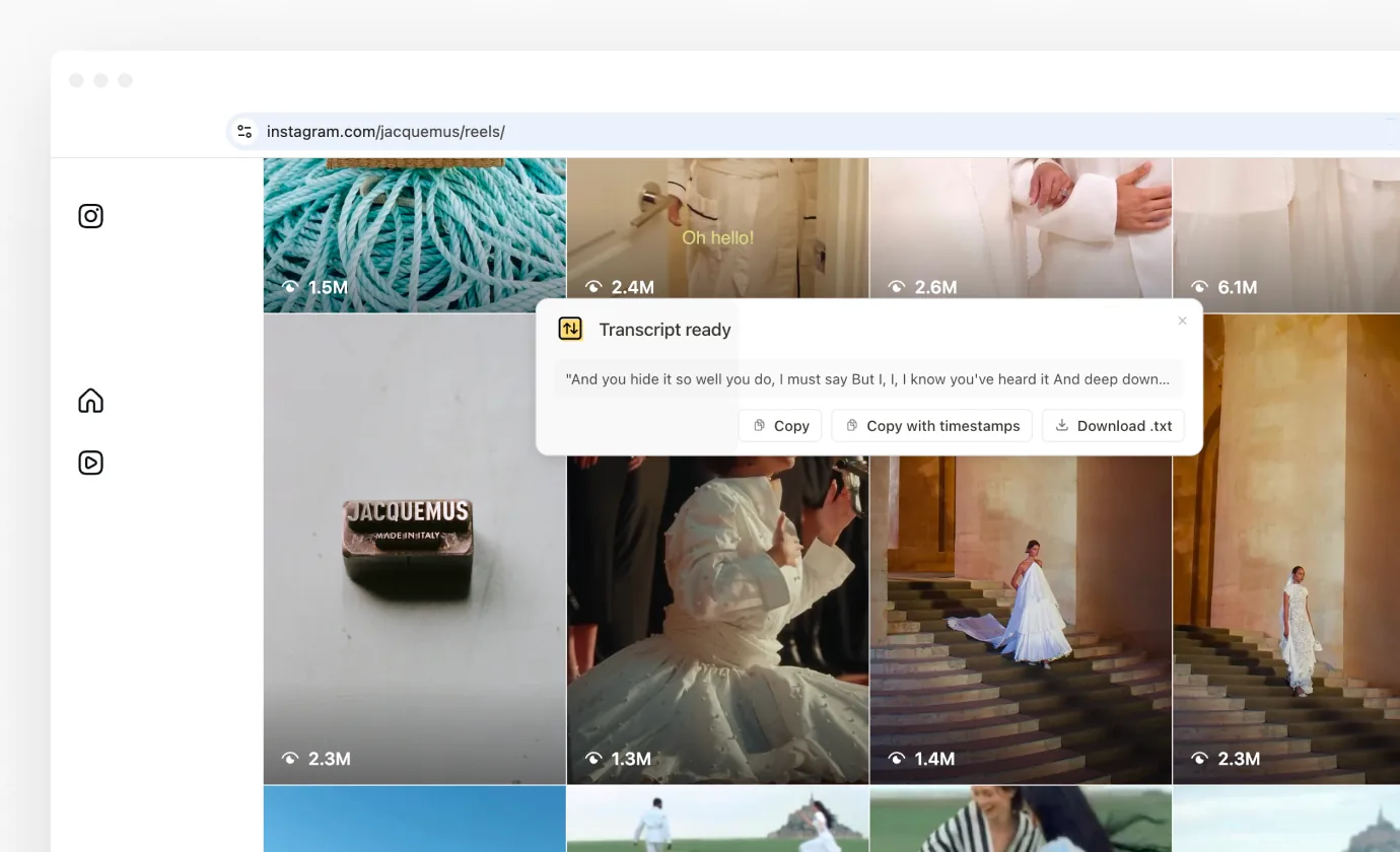 A sorted Instagram Reels grid with a Transcript ready banner offering Copy, Copy with timestamps and Download .txt