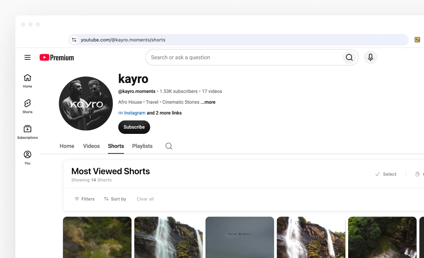 A YouTube channel's Shorts tab sorted by views
